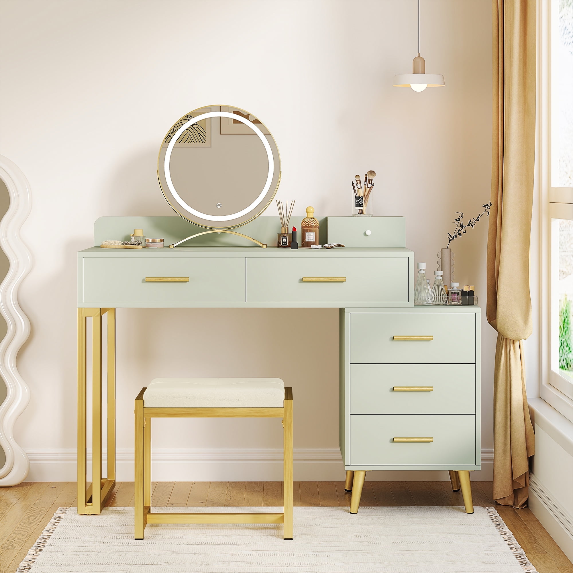 Homieasy Vanity Desk with Mirror and Lights, Modern Makeup Vanity Table Set with 6 Storage Drawers and Cushioned Stool for Bedroom, Dressing Table with Divided Organizers for Women, Cyan
