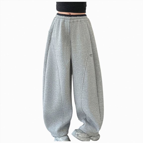 Leey-World Girl's Y2k Swearpants Low Rise High Elastic Waist Pants Baggy Wide Leg Casual Sweatpants(Light Gray,5-6 Years)