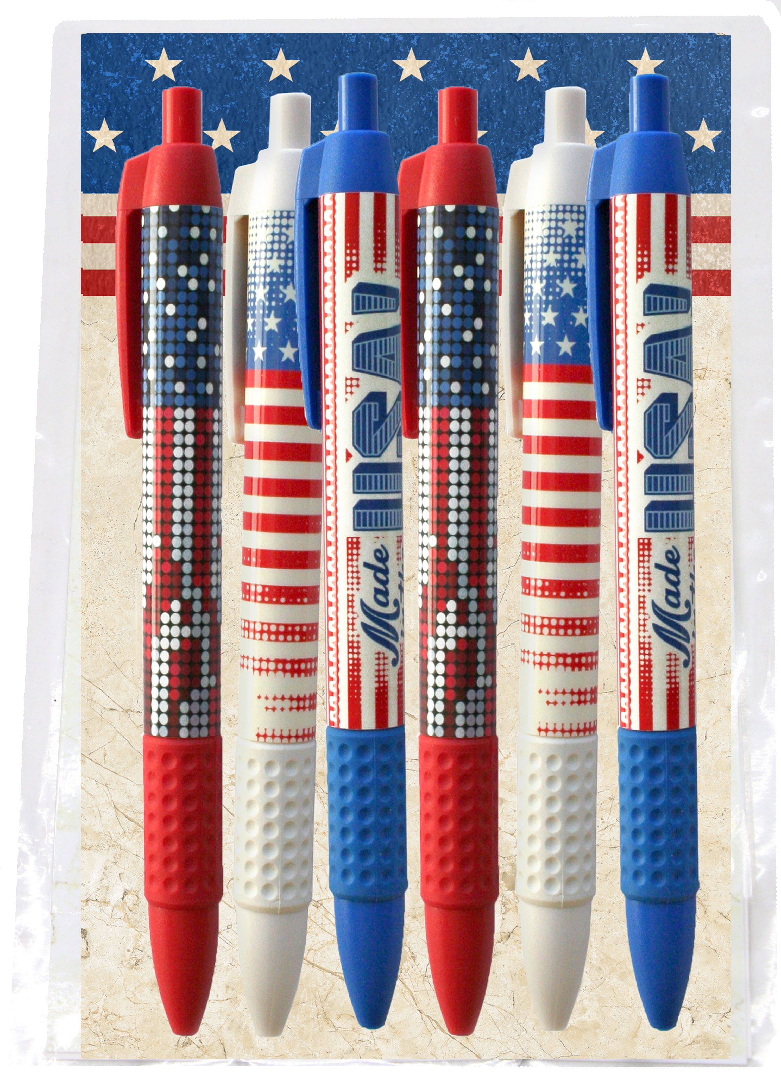 Patriotic Themed Ballpoint Pens with Grip - 6 Pack (Made in USA)