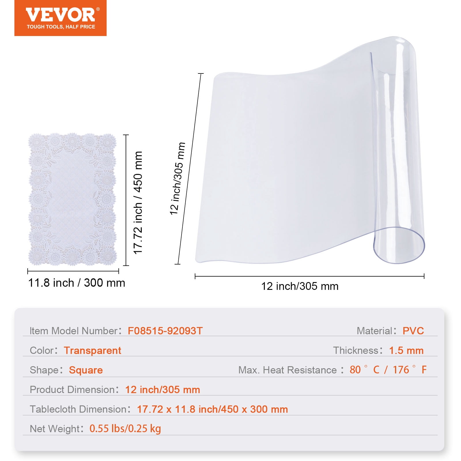 BENTISM Clear Table Cover Protector, 12" x 12" Table Cover, 1.5 mm Thick PVC Plastic Tablecloth, Waterproof Desktop Protector for Writing Desk, Coffee Table, Dining Room Table