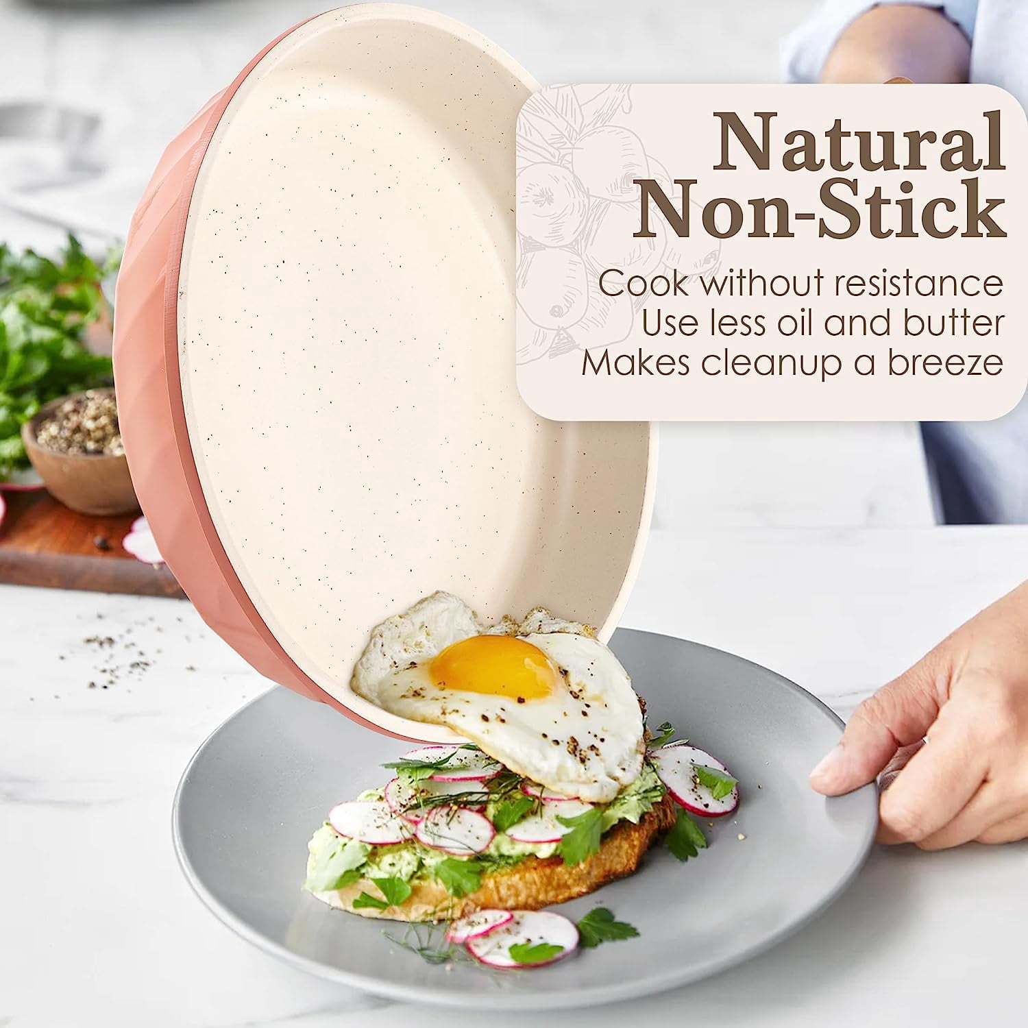 Caannasweis Nonstick Granite Frying Pan Set, 3 Pieces, Ergonomic Aluminum Cookware, Pink
