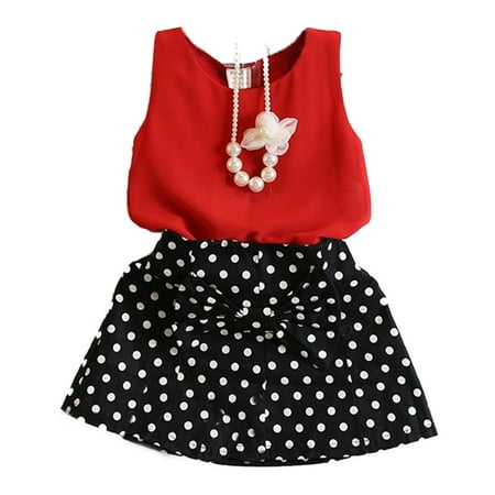 

Toddler Little Girls Summer Outfit Red Sleeveless Chiffon Tank Tops Polka Dot A-line Mini Skirt 2Pcs Clothes Set