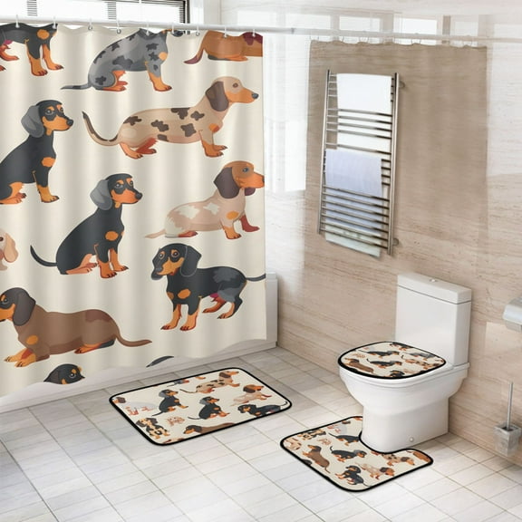 Ryvnso 4 Pcs Cute Dachshund Dog Bathroom Shower Curtain Set with 12 Hooks Bath Mat Toilet Lid Cover