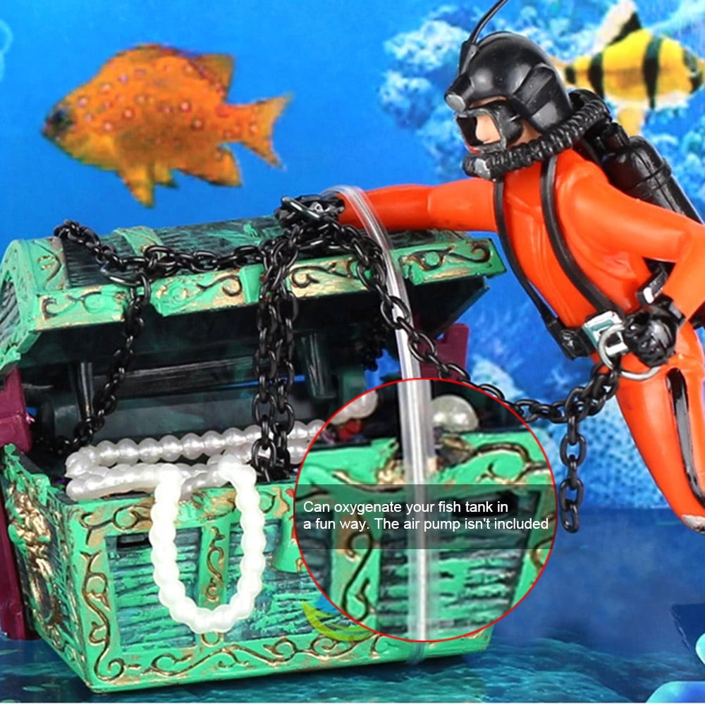 Tomshine Aquarium Diver Ornament Aquarium Decoration With Moving Treasure Chest Diver Bubble Action Black
