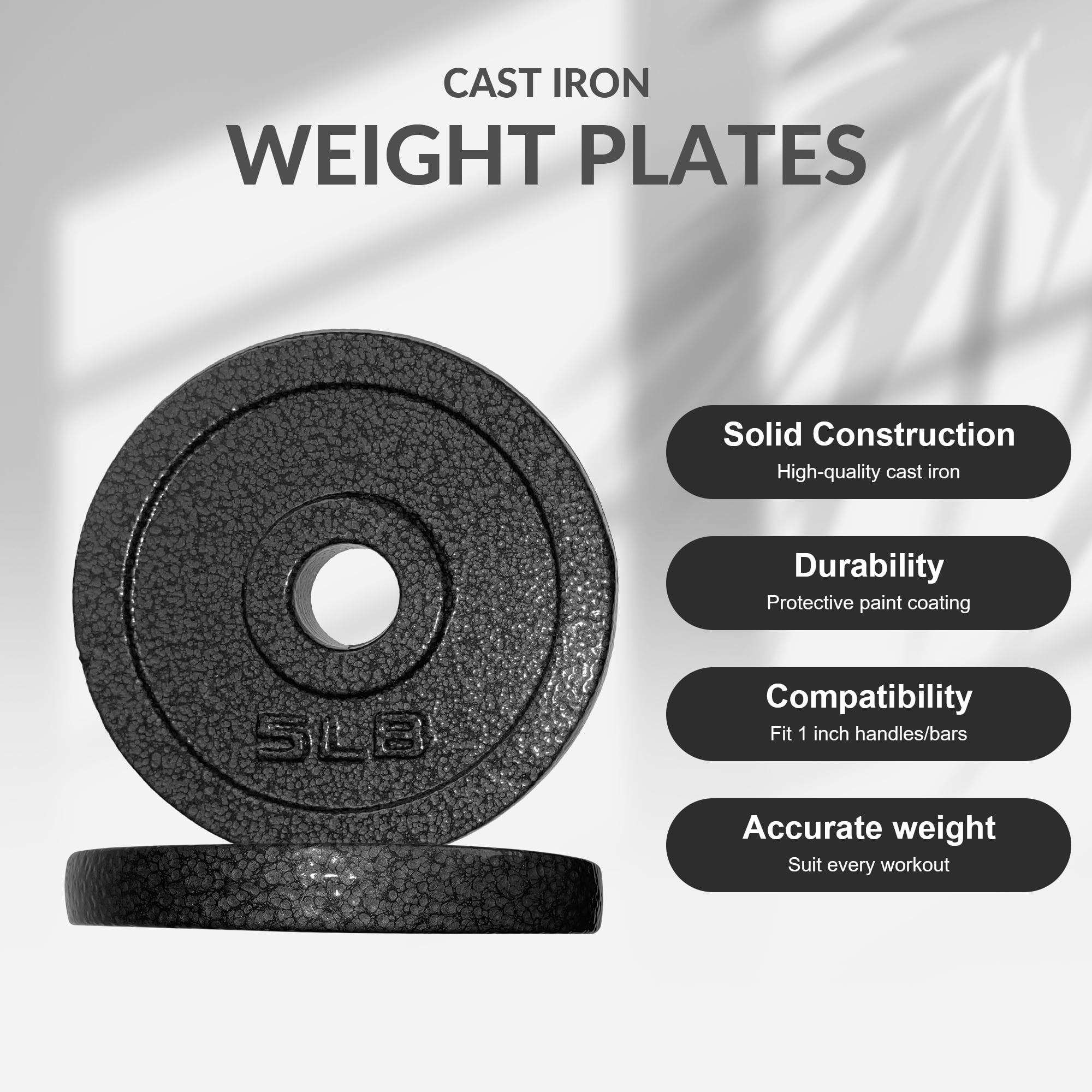 BalanceFrom Standard Cast Iron Weight Plates, 1-Inch Center Hole, Black Finish, Sold in Pairs（1.25LB, 2.5LB, 5LB, 10LB），for Strength Training & Home Gym