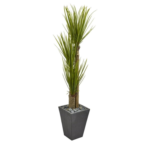Nearly Natural 5.5 ft. Triple Stalk Yucca Artificial Plant in Slate Planter