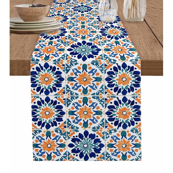 Hokiten Table Runners 48 Inches Long Dress Scarves, Colorful Flowers Farmhouse Kitchen/Dining Table Runner, Short Coffee Tablerunners, Boho Ethnic Abstract Floral Plaid 13x48 Inch