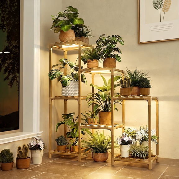 FOUKUS Plant Stand Indoor with Grow Light: Compact Plant Shelf Indoor Wooden Plant Rack Holds 7 Plants, Small Space Corner Plant Stand for Home Decor Apartment Garden
