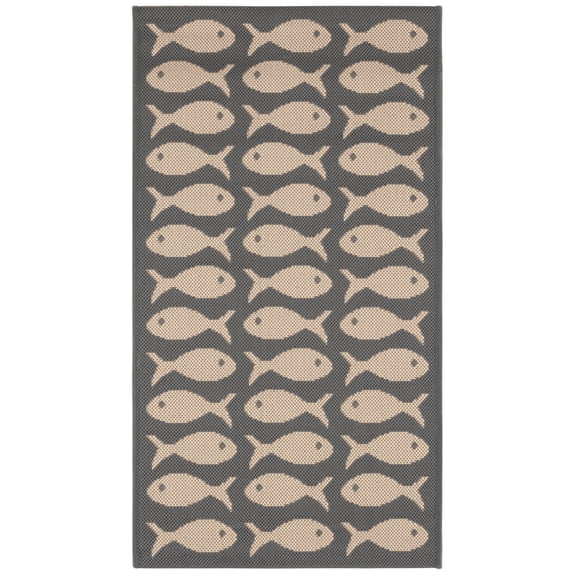 SAFAVIEH Courtyard Tranter Fishes Indoor/Outdoor Area Rug, Grey/Beige, 2' x 3'7"