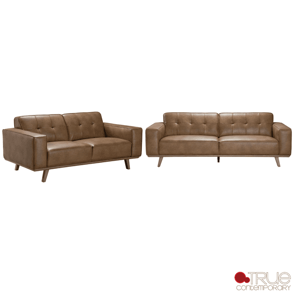 True Contemporary Sterling 2 Piece Tufted Sofa and Loveseat Set in Premium Tan Faux Leather