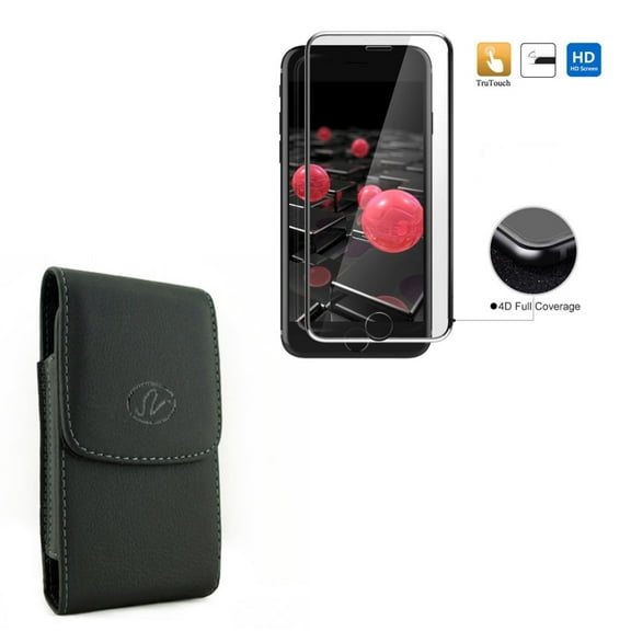 Black Leather Case Cover Pouch w 4D Tempered Glass Screen Protector Curved Full Cover Compatible With iPhone 8 PLUS 7 Plus