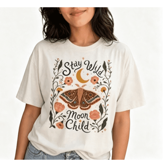 【New Arrival】Women Moon Child Graphic T Shirt Floral Print Casual Short Sleeve Crew Neck White Tee, Boho Style Relaxed Fit Top