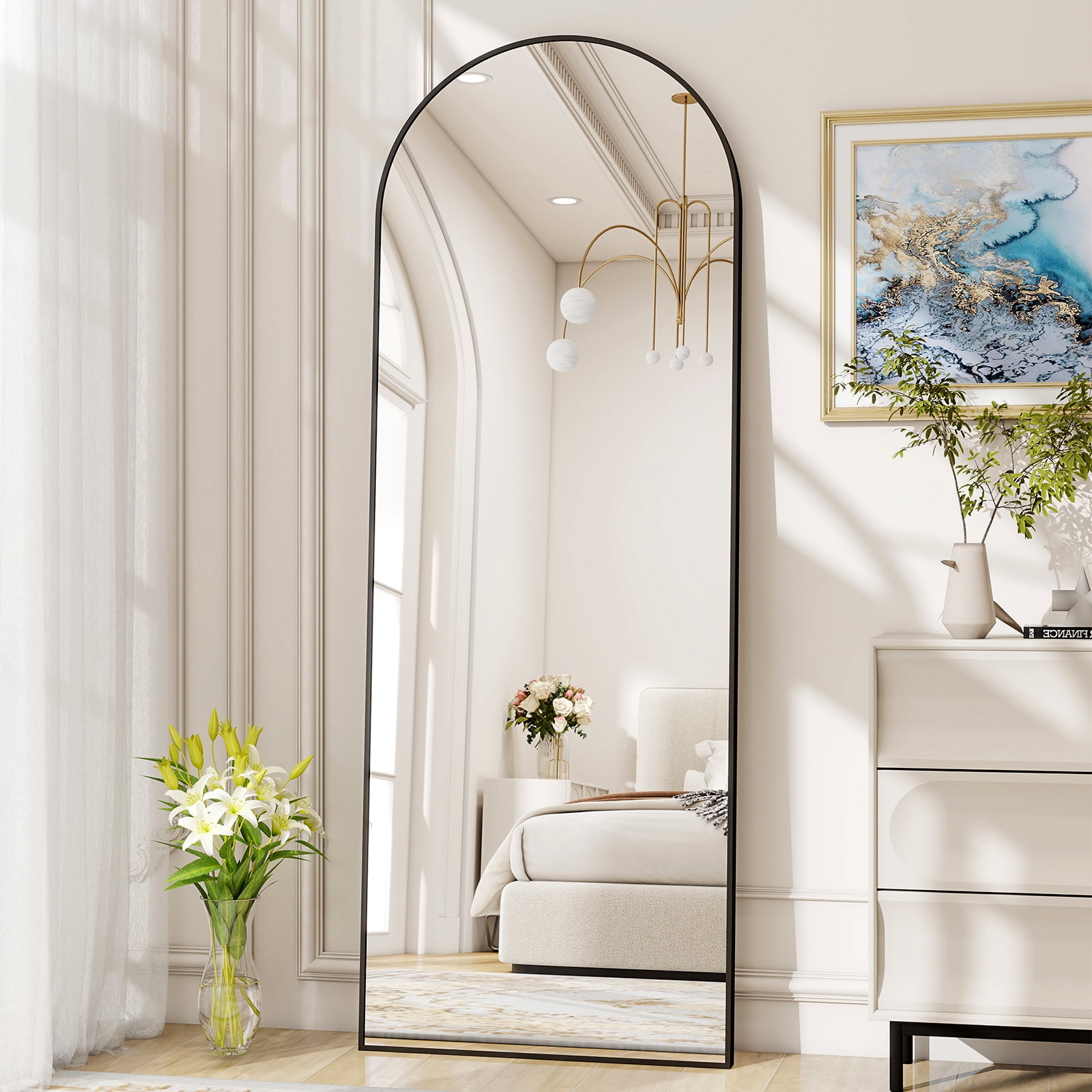 AUROMIR 59"x16" Arched Full Length Mirror Floor Mirror Full Body Standing Mirror, Black