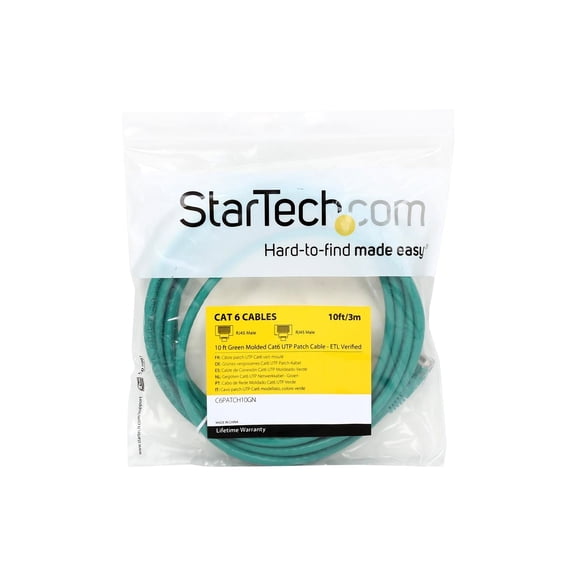 StarTech 10ft CAT6 Ethernet Cable - Green CAT 6 Gigabit Ethernet Wire -250Mhz 100W PoE RJ45 UTP Molded Network Patch Cord with Strain Relief (C6PATCH10GN)