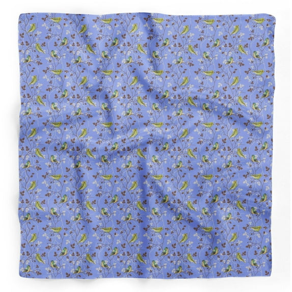Bimba Blue Leaves & Flowerpecker Bird Printed Pure Silk Scarf Neck Wrap Summer Hair Bandanas For Women 40 x 80 Inches