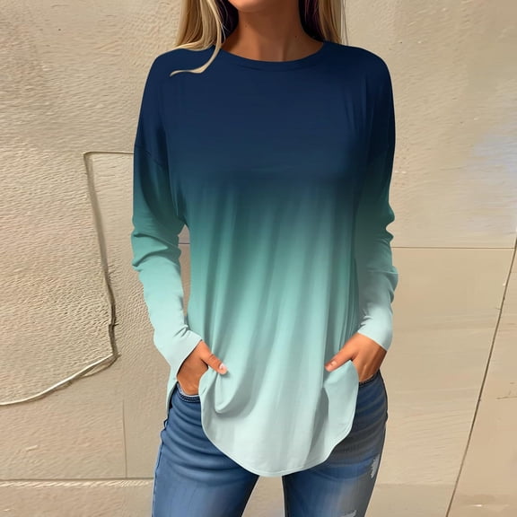 thefmos Women Plus Size Fall Winter Long Sleeve Round Neck Loose Pullover Tops Gradient Casual Blouses Cozy Sweatshirt for Daily Wear Trendy, Mint Green S
