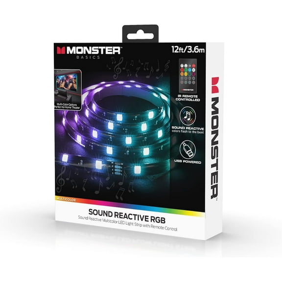 Monster Sound Reactive Light Strip Smart LED Light Strip w/ Multi-Color Flow Effect & Remote, 12ft