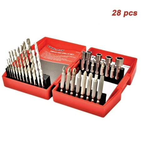 Toolman Drill Bit Set Universal fit 28pc for Wood Masonry Plating Manonry Hss Flat works with DeWalt Makita (Best Makita Drill Bit Set)