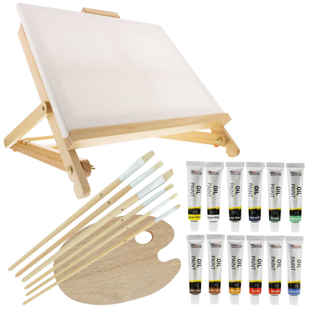 US Art Supply 21Piece Oil Painting Table Easel Set with, 12Tubes Acrylic Painting Colors, 11