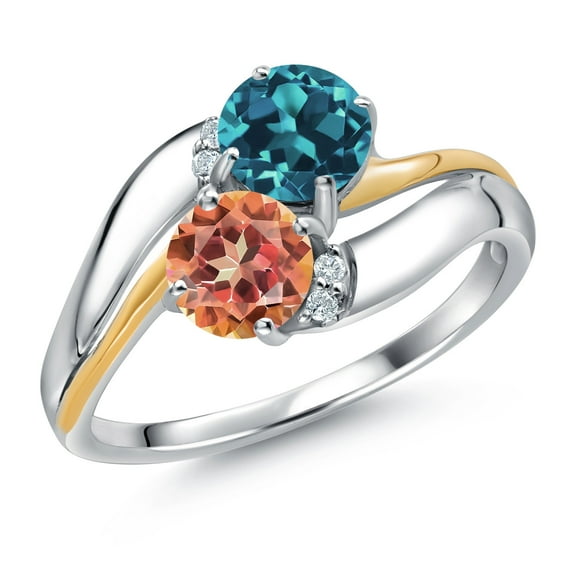 Gem Stone King 925 Sterling Silver and 10K Yellow Gold Ecstasy Mystic Topaz London Blue Topaz 2 Stone and Lab Grown Diamond Accent Ring for Women (1.73 Cttw, Gemstone Birthstone, Size 9)