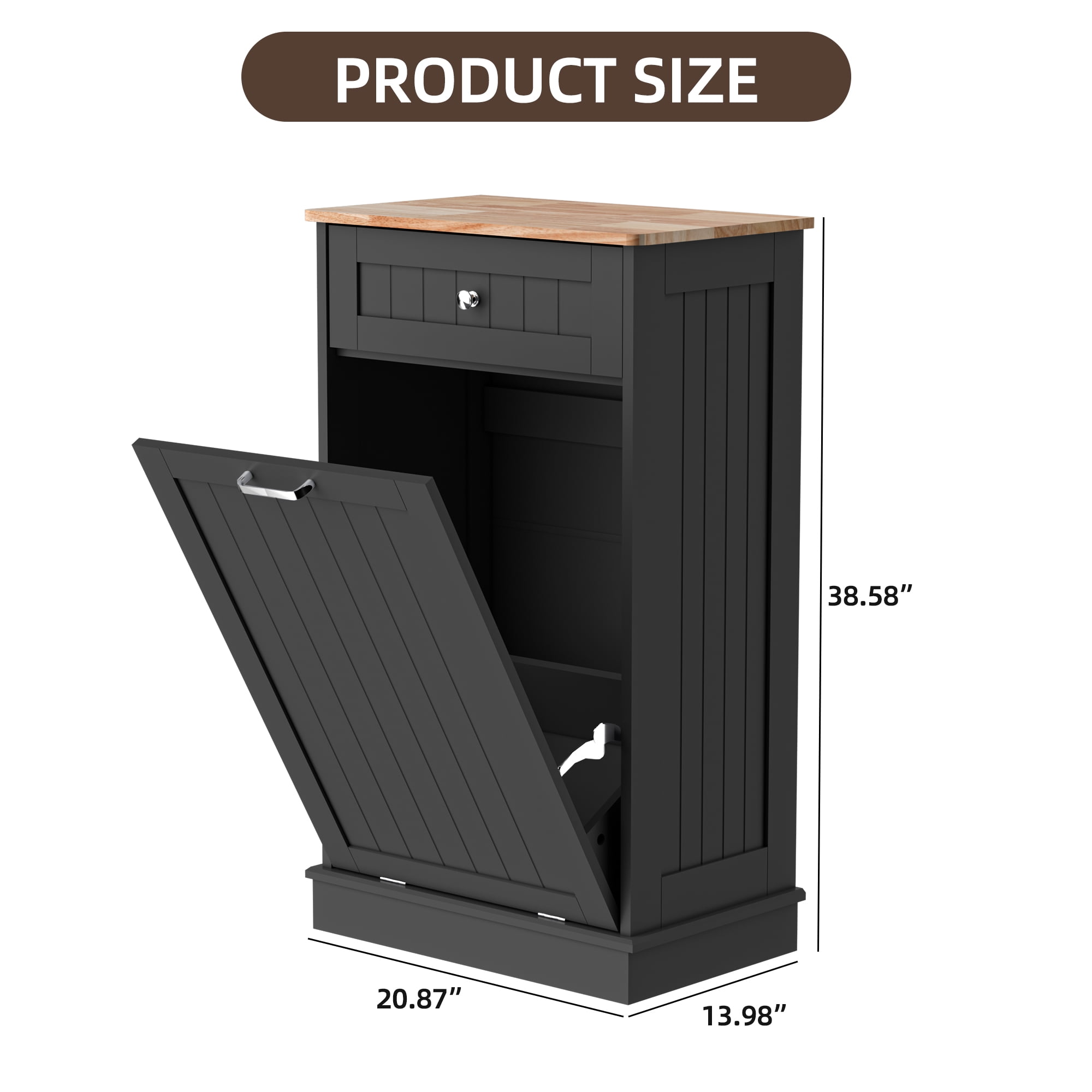 HARIPUL Single Tilt Out Trash Cabinet for 13 Gallon Waste Bin, Free Standing Kitchen Trash Can Cabinet with Drawers, Black