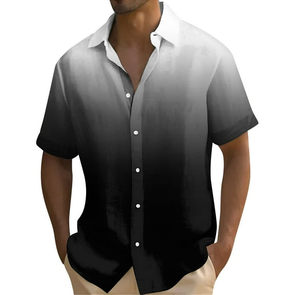 Inglocry Men's Fashion Shirts Gradient Color Hawaiian Shirt Buttons Up Summer Beach Dress Shirts Black 2XL