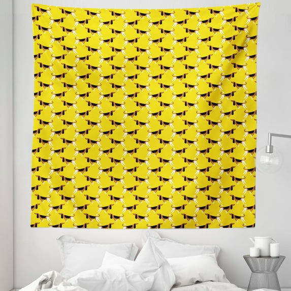 Dogs Tapestry, Yellow Background with Fun Pet Characters in Simple Doodle Style, Fabric Wall Hanging Decor for Bedroom Living Room Dorm, 5 Sizes, Yellow Pale Brown Black, by Ambesonne