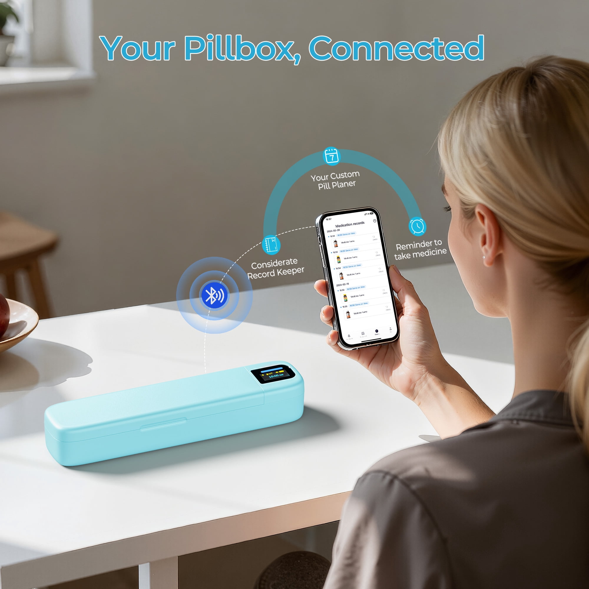 Bluetooth Electronic Pill Dispenser with Alarm, Smart Pill Organizer with Reminder&Light, Pill Timer Tracker, Automatic Medication Dispenser, Weekly 7 Day Pill Case 1 Time a Day for Travel