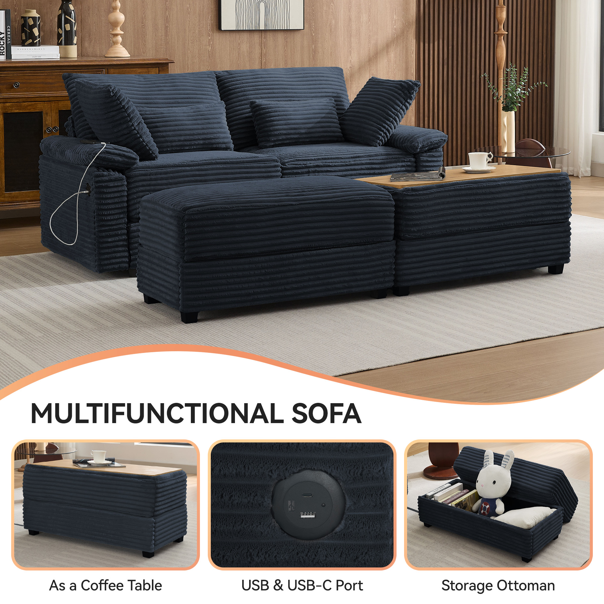 Corduroy Upholstered Sofa for Living Room,Modern Deep Seat Comfy Loveseat Couch with 2 Ottomans,Blue