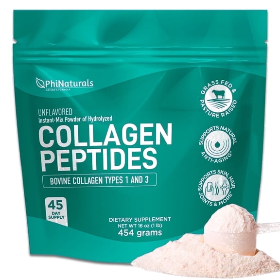 PhiNaturals Hydrolyzed Collagen Peptides Powder Unflavored – Grass Fed Bovine Collagen Protein Supplement for Women & Men – Supports Skin, Hair, Nails, Joints & Bones – Type I & III Collagen