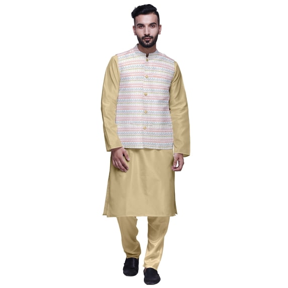 Atasi Ethnic Dupion Silk Kurta Pyajama Set With Printed Nehru Jacket For Mens
