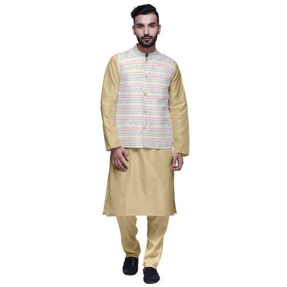 Atasi Solid Kurta Pajama & Printed Nehru Jacket Set For Mens Party Wear