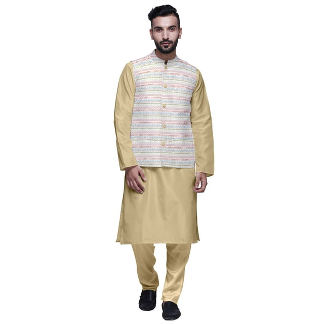 Atasi Ensemble Kurta Pyajama en Soie Dupion Ethnique avec Veste Nehru Imprimée pour Hommes