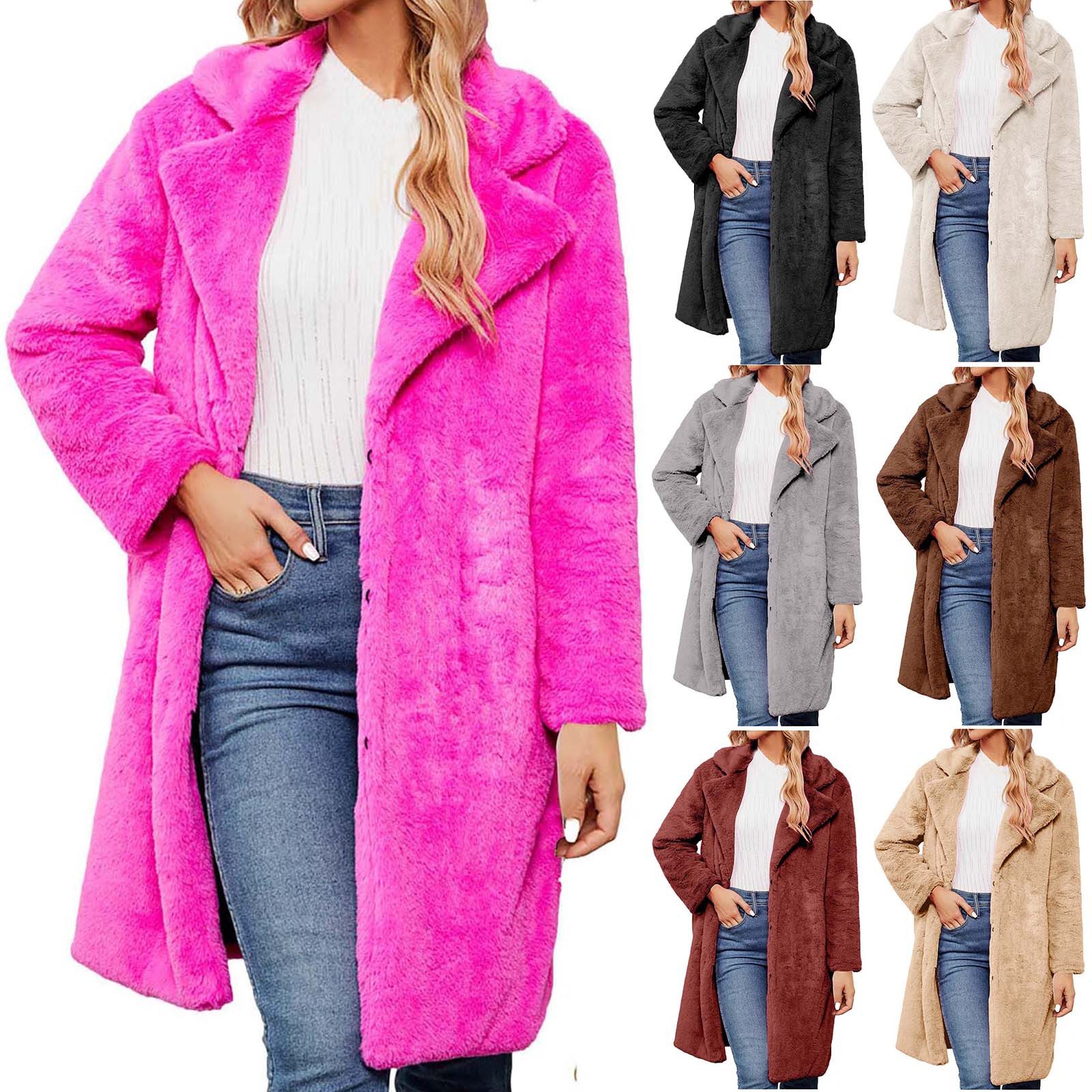 Lovskoo 2024 Womens Faux Fur Coat Long Sleeve Winter Warm Notch Lapel ...