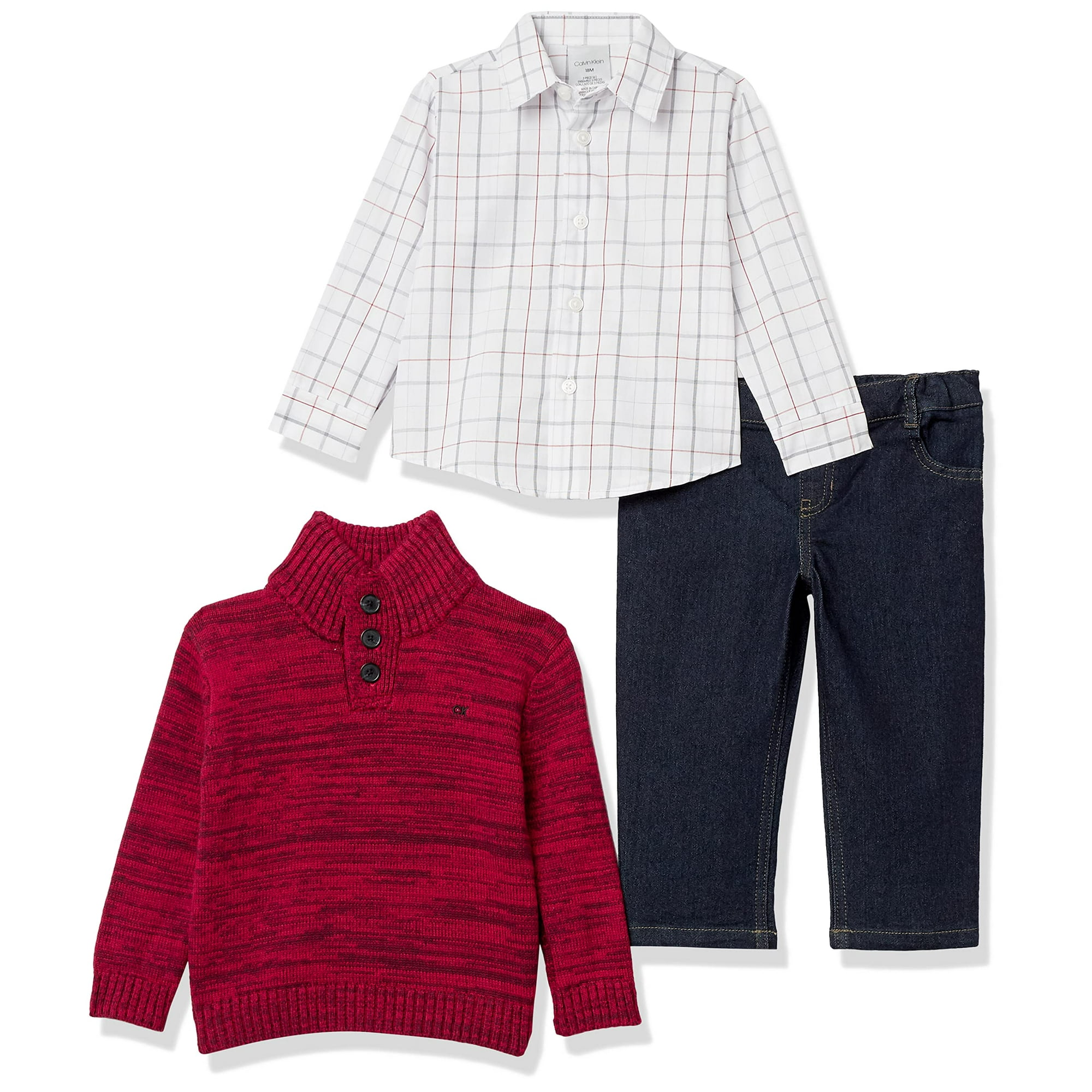 Calvin Klein Baby Boys 3 Piece Set With Sweater Dress Shirt And Pants Red Marled 12 Months Other