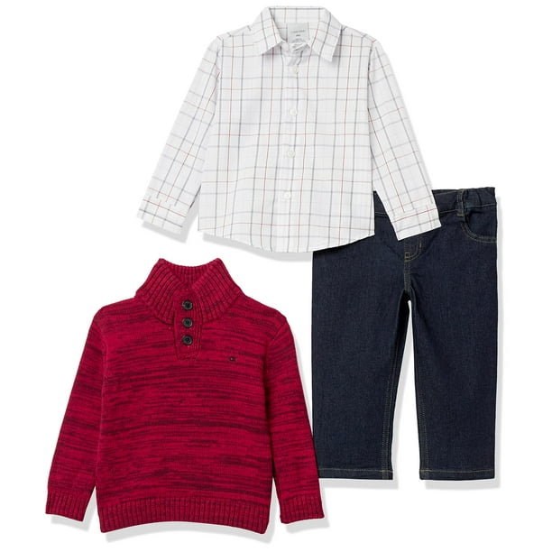 Calvin Klein Baby Boys' 3-Piece Set with Sweater, Dress Shirt, and Pants,  Red Marled, 12 Months 