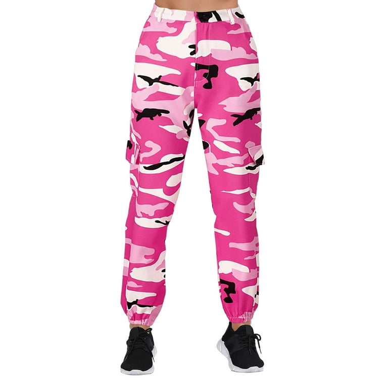 xiuh baggy pants women camo pants cargo trousers camouflage pants elastic  waist casual multi outdoor jogger pants with pocket linen pants pink m
