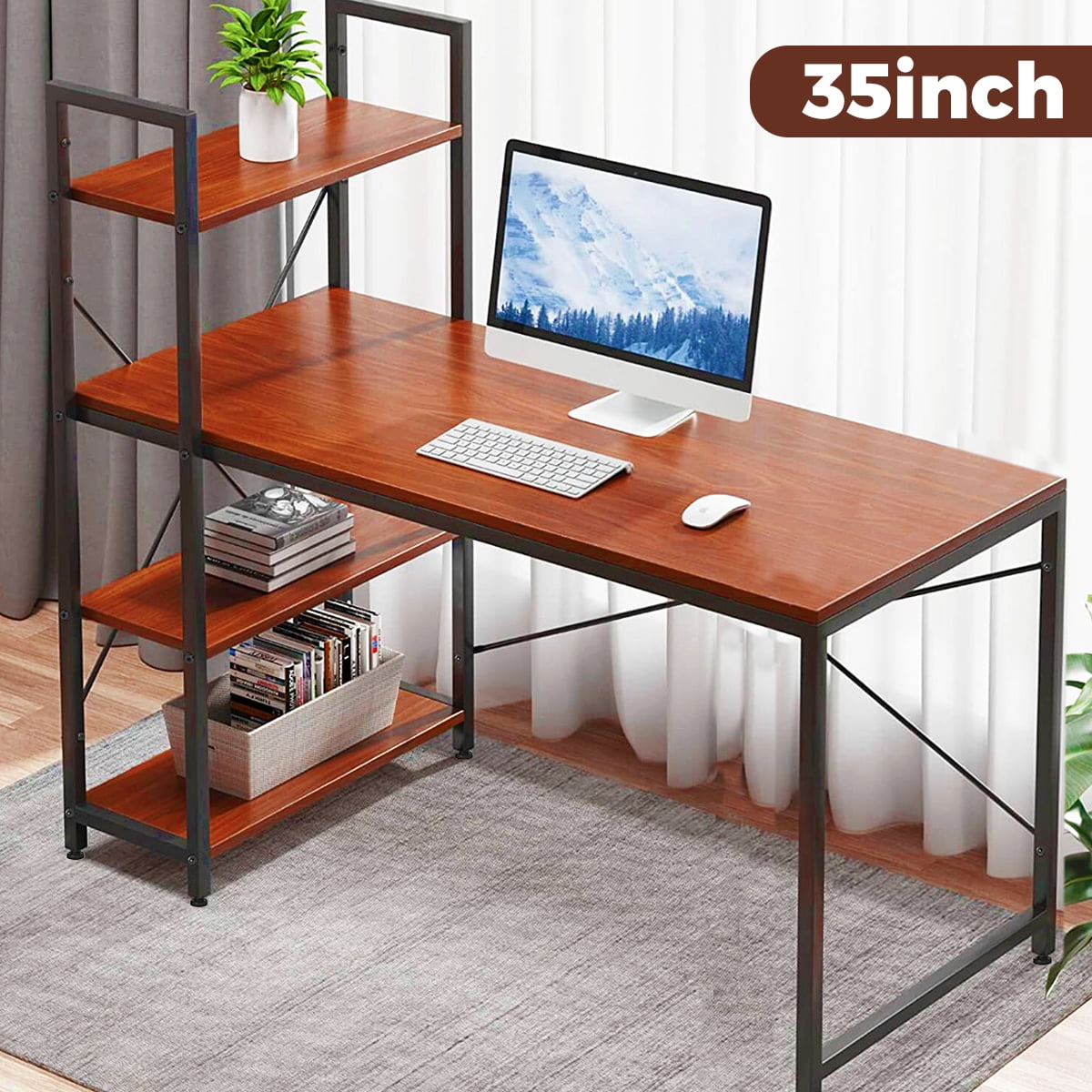 35 Inch Computer Desk with 4 Tiers Storage Shelves, PC Laptop Writing