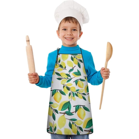 Yellow Lemon Fruit Branches White Pattern Kids Aprons for Girls and Boys,Adjustable Neck Strap Toddler Aprons for Kids Cooking Baking