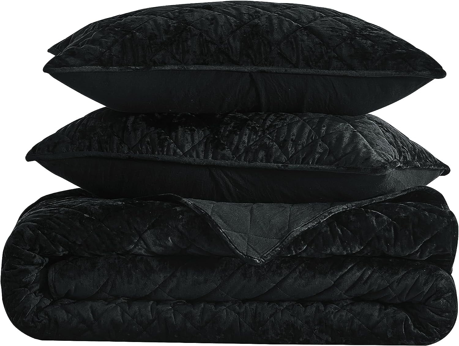 Chezmoi Collection Lux Black Velvet Quilt Queen Set, 3-Piece Lush Plush Distressed Velvet Bedding All Season Lightweight Bedspread Brushed Microfiber Reverse with Diamond Stitch Quilting