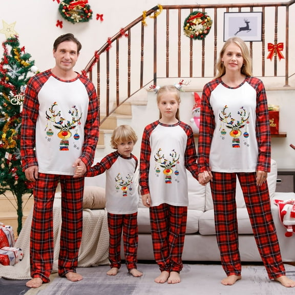 Odeerbi Christmas Pajamas for Family Holiday Long Sleeve Family Christmas Pajamas Matching Sets Dad Parent Child Printed Loungewear Set Two-Piece Sleepwear Xmas Family Matching PJs Set Red