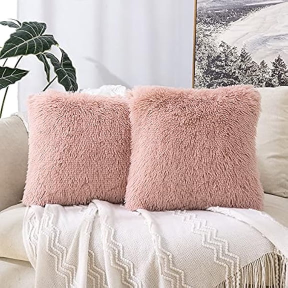 Eryueer Faux Fur Christmas Cushion Covers Fluffy Throw Pillow Case Soft Decorative Square Cute Pillow Plush Case For Livingroom Sofa Bedroom 20 x 20 Inch 50 x 50cm Leather Powder Pack of 2
