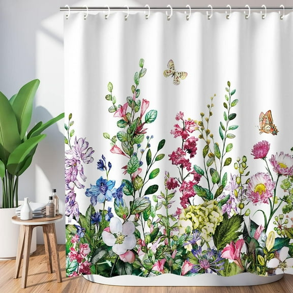 Floral Shower Curtain Flower Shower Curtain for Bathroom Colorful Plant Botanical Wildflower Flowered Shower Curtains with 12 Hooks Decorative Fabric Leaf Greenery, 72" W x 72" H