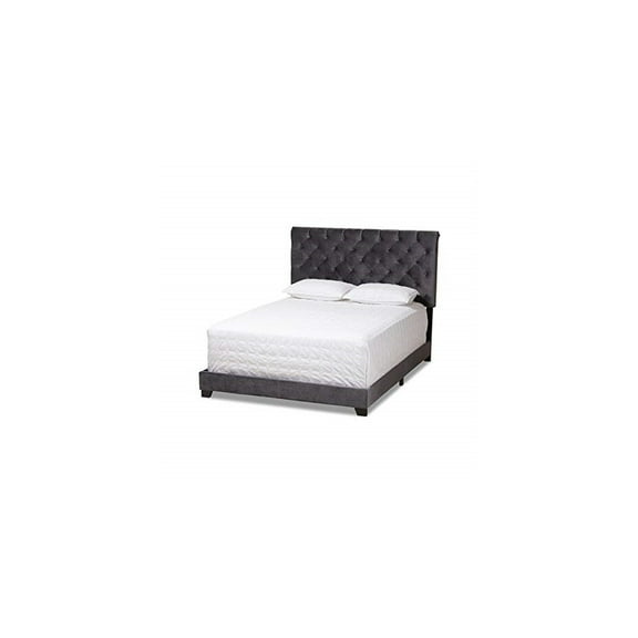 Velvet Upholstered Bed - Dark Grey Nailhead Tufted Queen Size Platform Bed