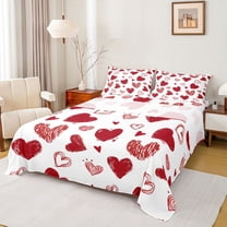 jejeloiu Cute Cartoon Loves Full Size Sheets,Graffirti Heart Print Bed Sheets,Red White Sheet Sets For Girls Teens,Breathable Home Decor,4 Pieces