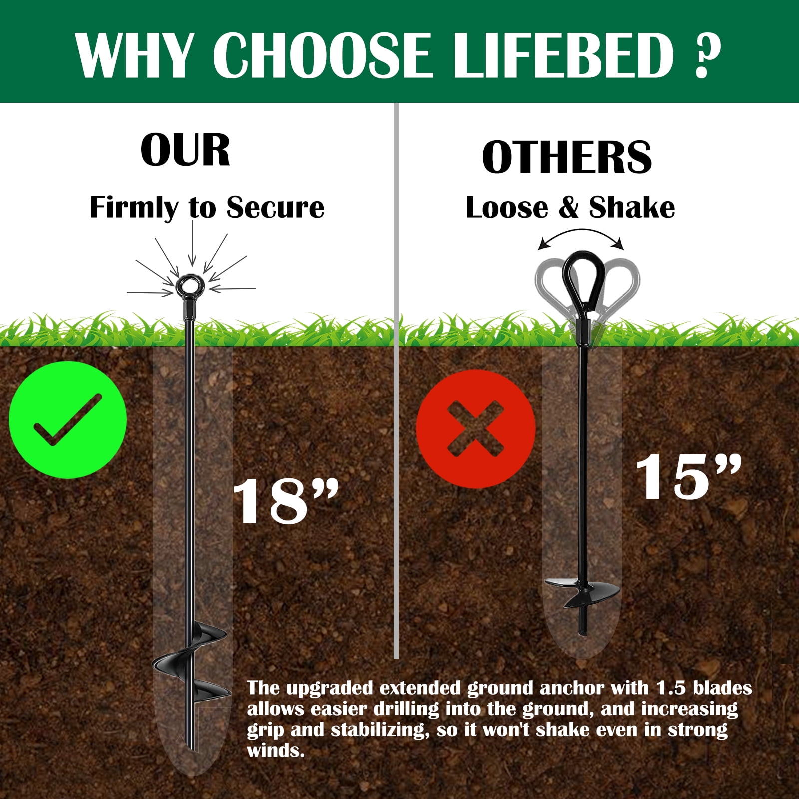 18 inch Ground Anchors Srew in Heavy Duty, Earth Shed Anchor Kit, Trampoline Stake Hook for Dirt, Swing Sets, Playset, Tent, Canopy, Carport, Mobile Home Tie Down, 6 Pack