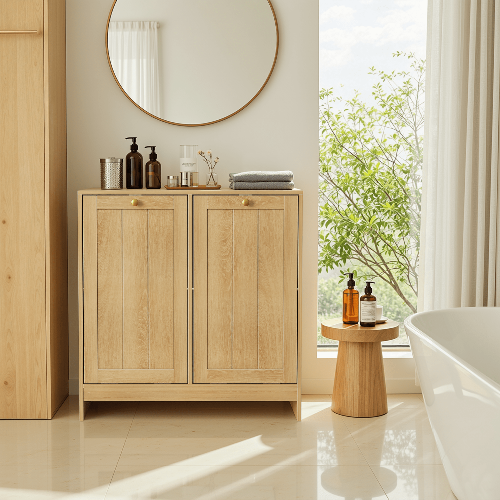 Leumius Tilted Laundry Hamper with Removable Basket, Hidden Laundry Hamper, Bathroom Laundry Hamper Storage Cabinet, Free-Standing Home Organizer Oak