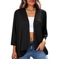 thumbnail image 2 of FRSASU Womens 3/4 Sleeve Lightweight Cardigan Solid Color Casual Open Front Kimono Summer Ruffle Loose Cardigans Black, 2 of 6