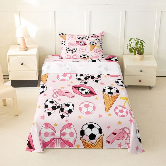 spefrowx Cute Soccer Bow Print Twin Sheets for Fans, Pink Ice Cream Waffle Bedding, 3 Pieces, 1 Flat Sheet, 1 Fitted Sheet and 1 Pillowcase