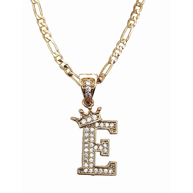 Cadena y dije de brillos con corona de oro laminado letra E